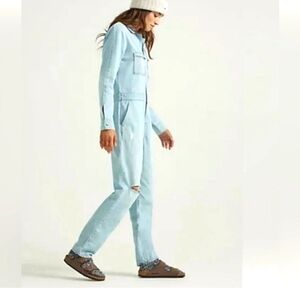 NWT FREE PEOPLE X LEE COLLAB DENIM FLORAL UNIONALLS DISTRESSED KNEE SMALL